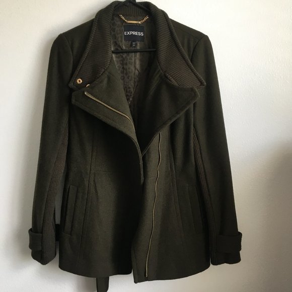 Express Olive Green military style Wool Coat with Gold hardwear, New, Size Small - Picture 7 of 11